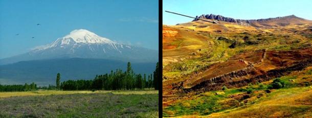 Arriba a la izquierda, vemos el monte Ararat en la Turquía actual y nos damos una idea de lo poco práctico que habría sido intentar aterrizar el arca de Noé en él. Arriba a la derecha, vemos la montaña a diecisiete millas al sur del monte Ararat donde el arca se detuvo por primera vez (flecha), y la impresión que dejó cuando se deslizó por la montaña unos 100 años después. En la cima de la montaña, vemos los acantilados escarpados a los que la "Épica de Gilgamesh" se refiere como el "muro del cielo" (Imagen: David Allen Deal, proporcionado por el autor)