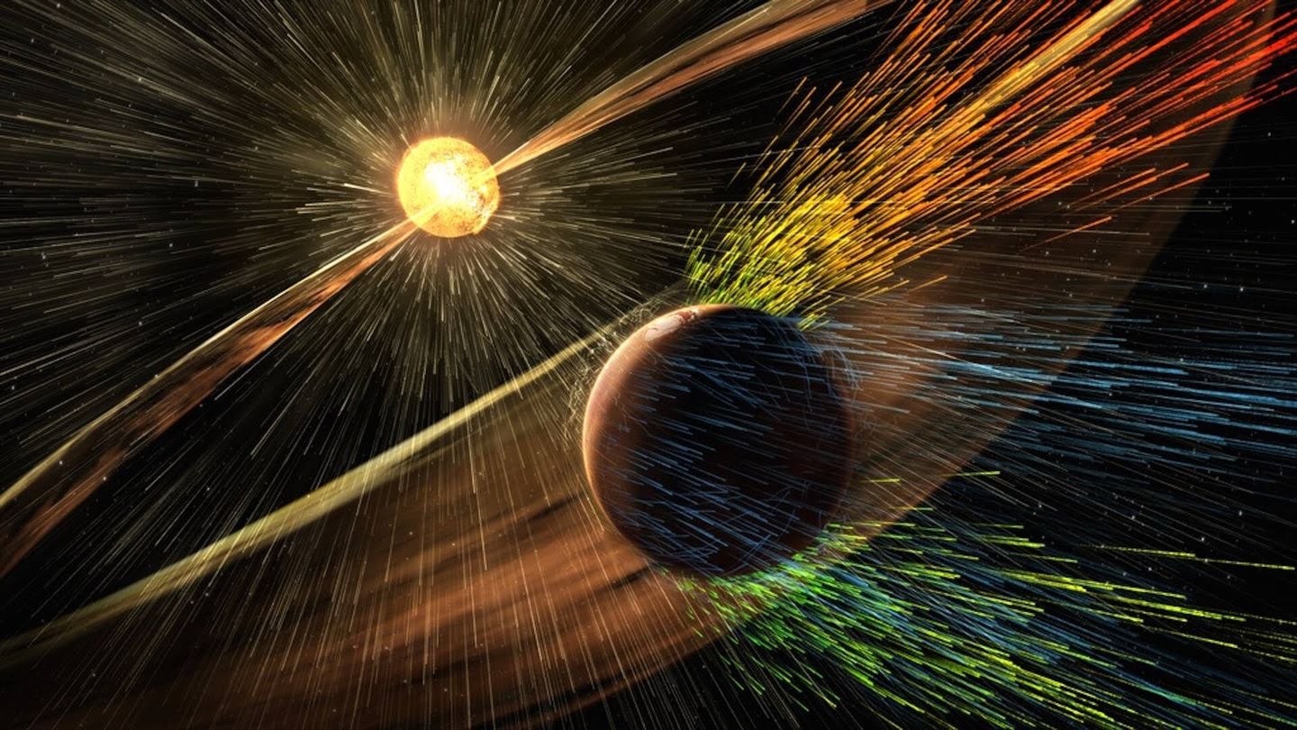 Visualización de los vientos solares eliminando la atmósfera marciana. (NASA)