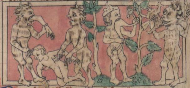Gogmagog a veces se representaba como dos criaturas populares, Gog y Magog, que también practicaban el canibalismo, manuscrito c.1308 (dominio público)