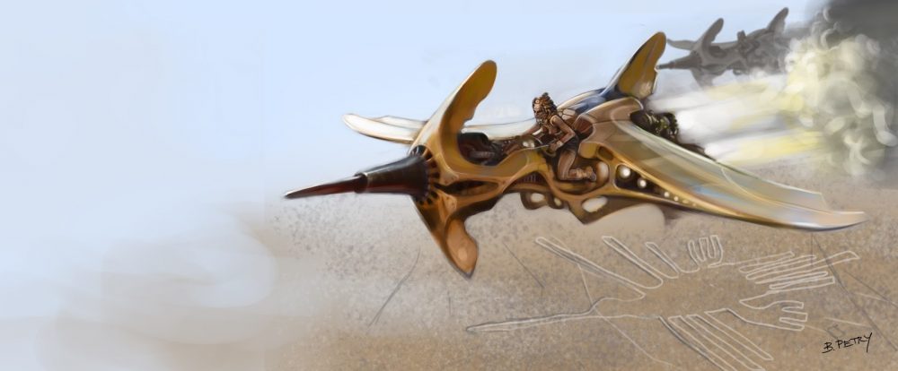 Una máquina voladora mitológica representada sobre las Líneas de Nazca. Crédito de la imagen: B Petry.